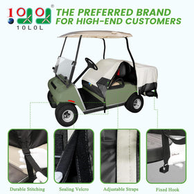 10L0L golf cart seat cover on rear seats shielding passengers from weather