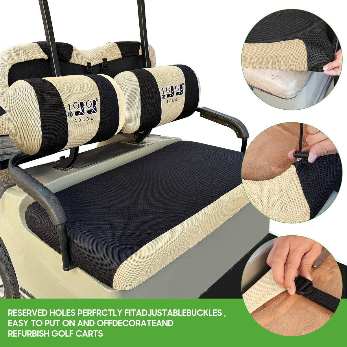 10L0L golf cart seat cover for Yamaha G14 front; enhances comfort and cleanability.