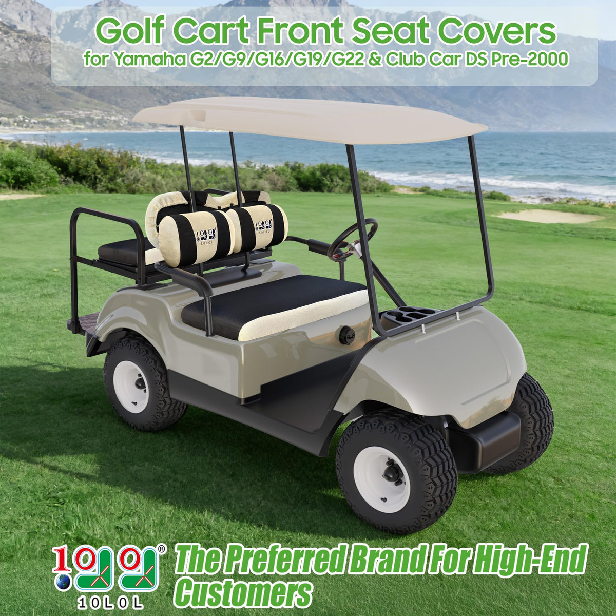 10L0L golf cart seat cover for Yamaha G19 front; refreshes worn bench with breathable mesh.