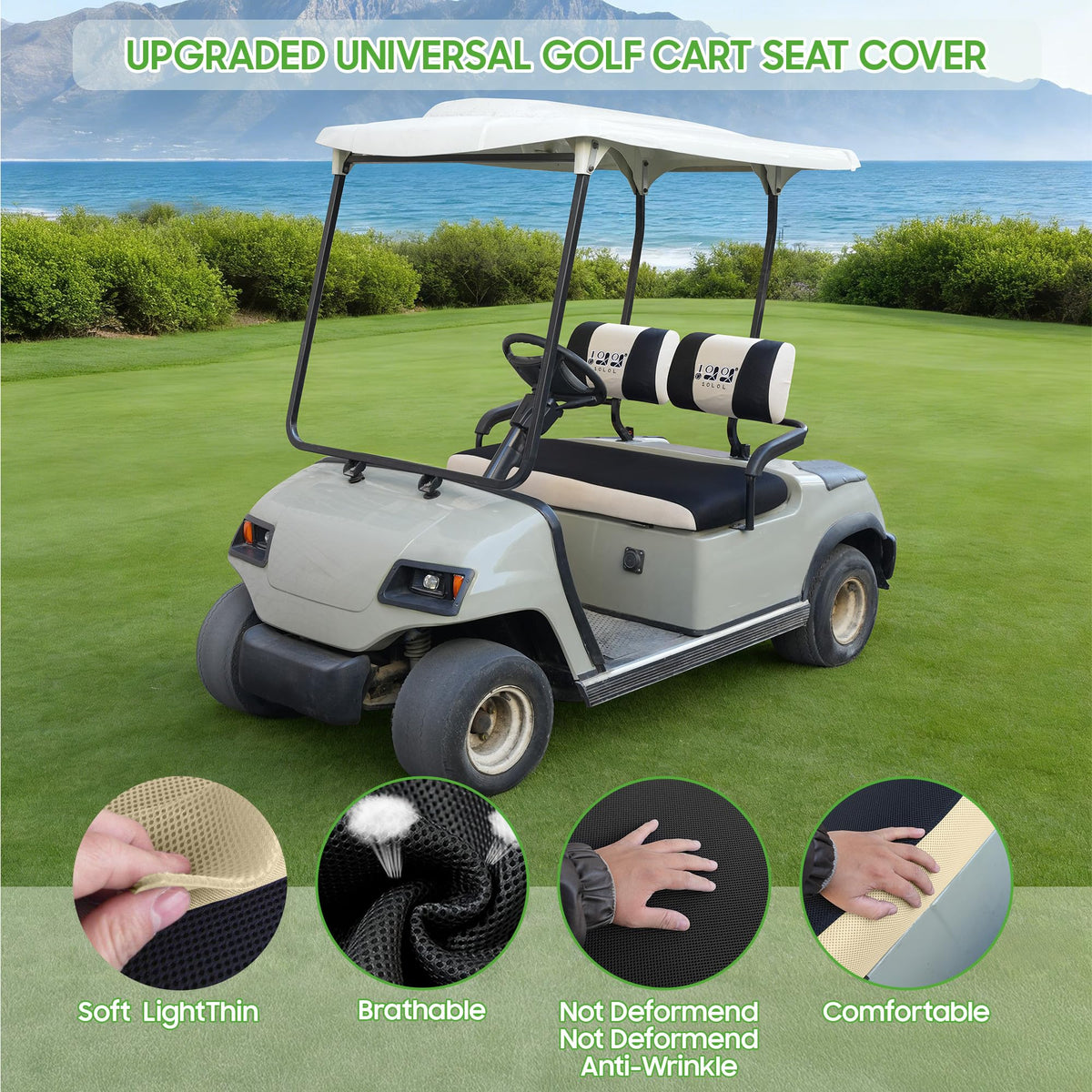 10L0L golf cart seat cover for Yamaha G2 front; protects surface and looks renewed.
