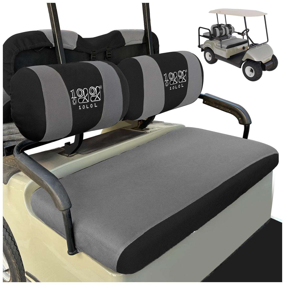 Clear packaging shows a ready-to-install seat cover set for carts.