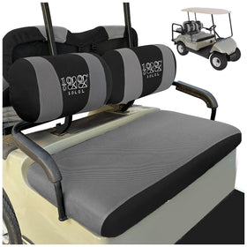Clear packaging shows a ready-to-install seat cover set for carts.
