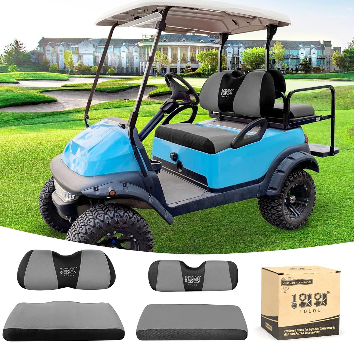 10L0L golf cart seat cover on front seats with two-tone grey-black design