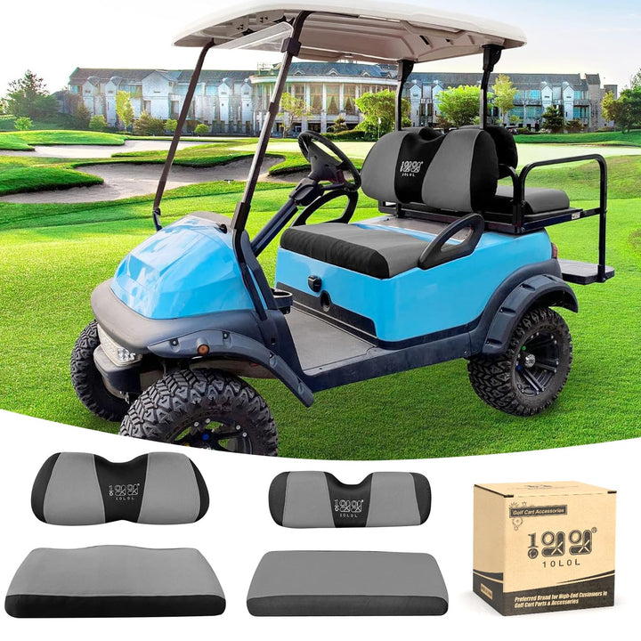 10L0L golf cart seat cover on front seats with two-tone grey-black design