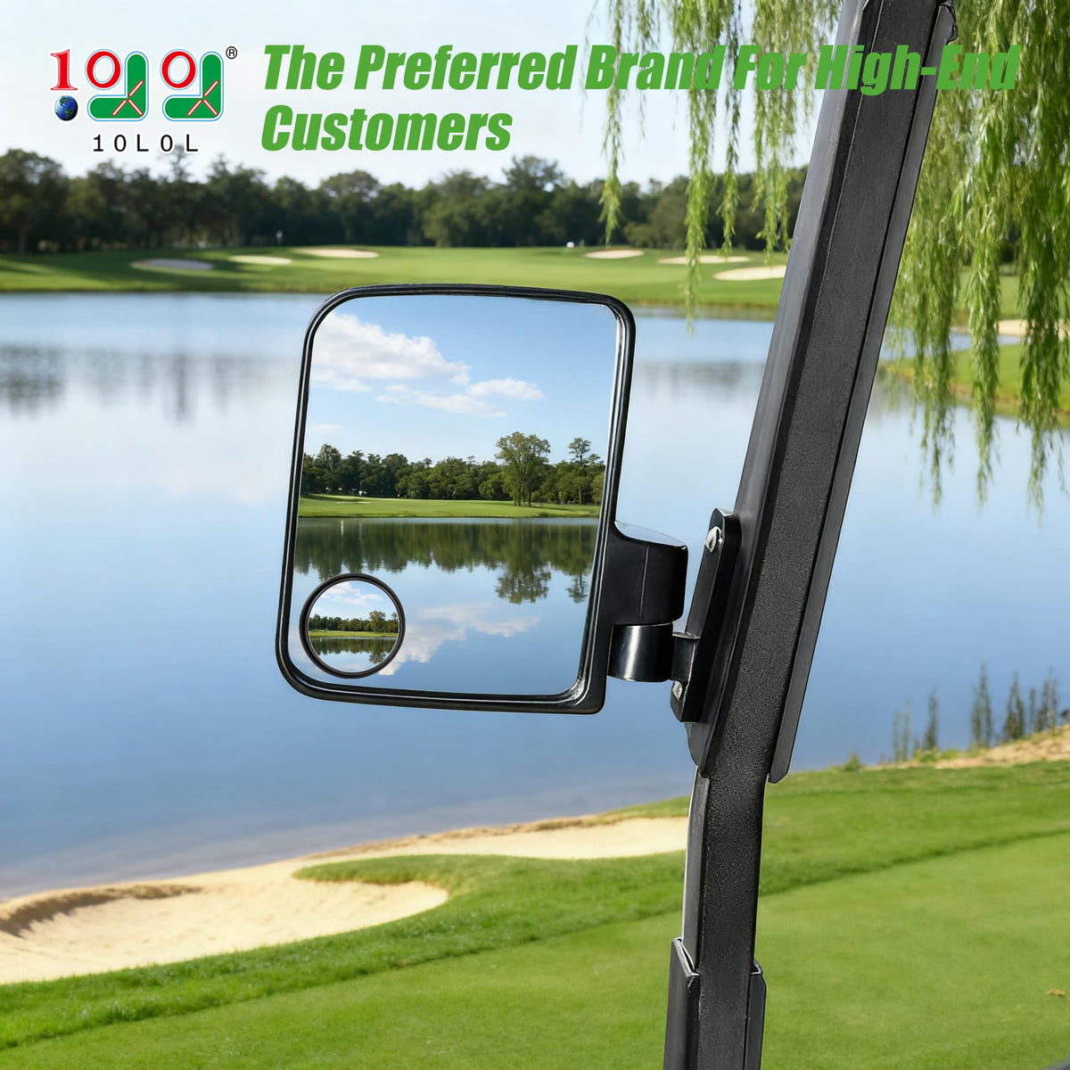 10L0L golf cart mirror highlighting blind spot for safer lane changes.