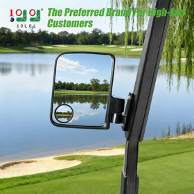10L0L golf cart mirror highlighting blind spot for safer lane changes.