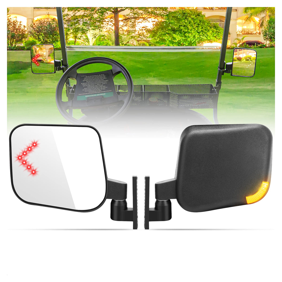 10L0L golf cart side mirror front view with LED signals for better visibility
