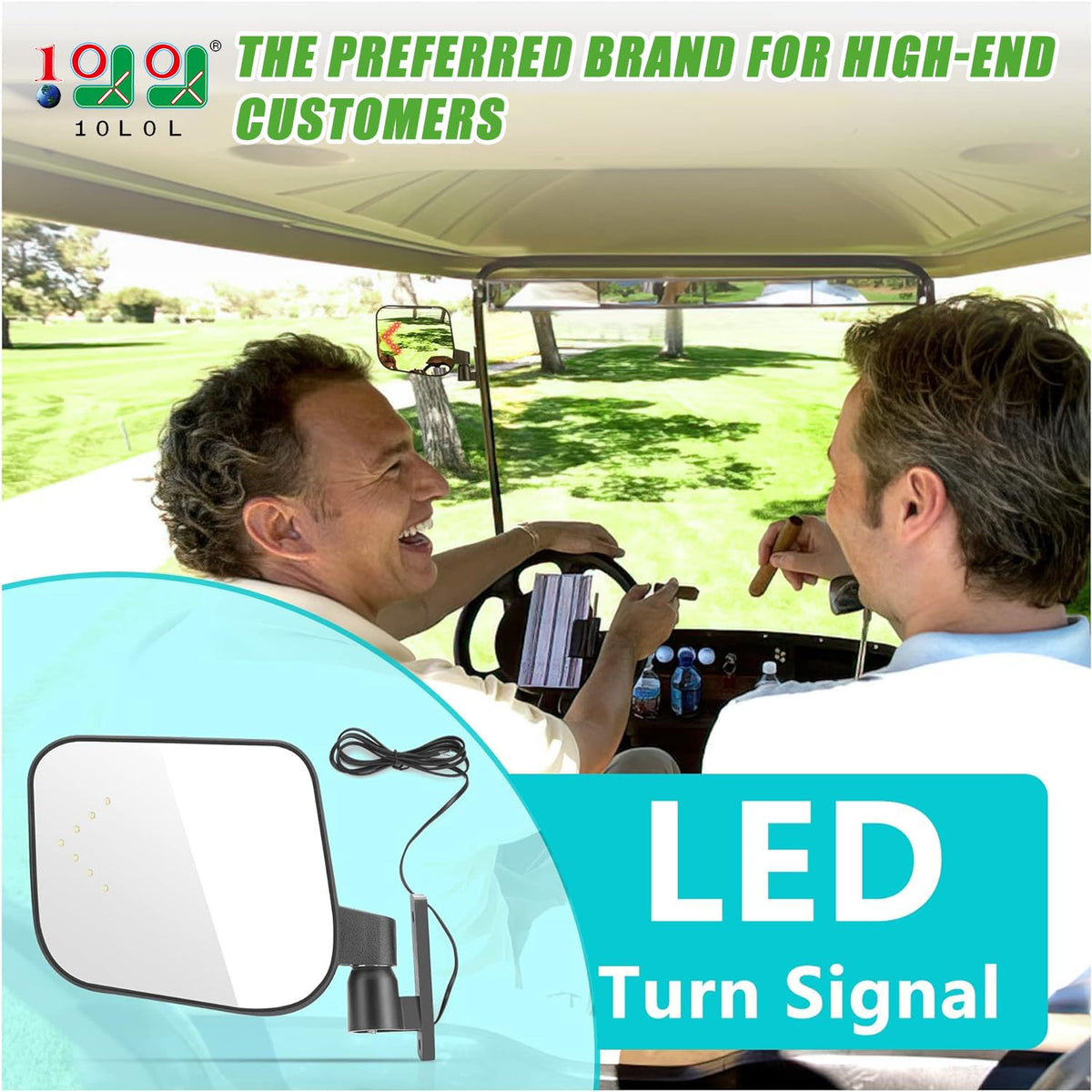10L0L golf cart side mirror rear view with LED signals for safer signaling