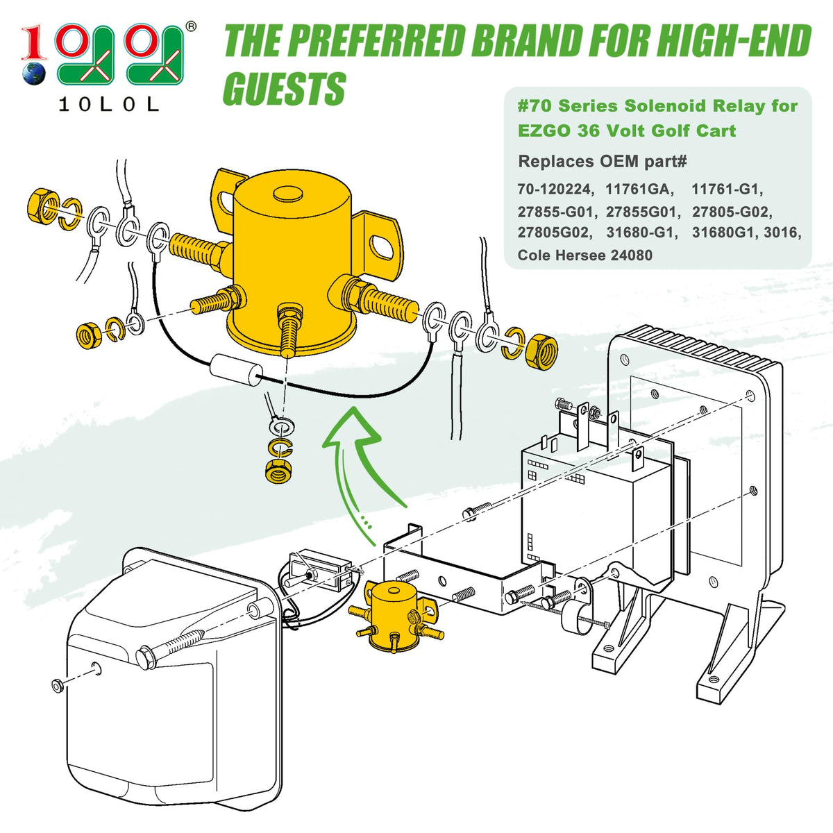 10L0L Golf Cart Solenoid 36V terminal assembly close-up showing four-terminal SPNO layout