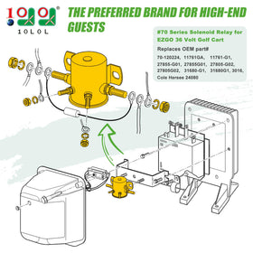 10L0L Golf Cart Solenoid 36V terminal assembly close-up showing four-terminal SPNO layout