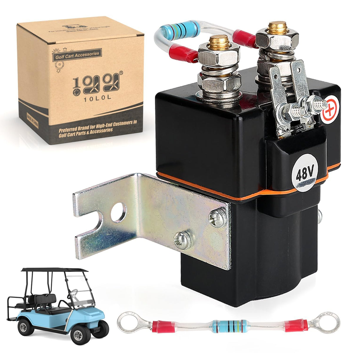 10L0L golf cart solenoid close-up with 4-terminal assembly for reliable control