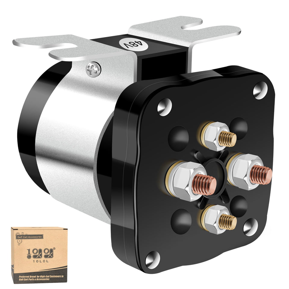 10L0L golf cart solenoid 48V 4-terminal close-up for reliable power switching.