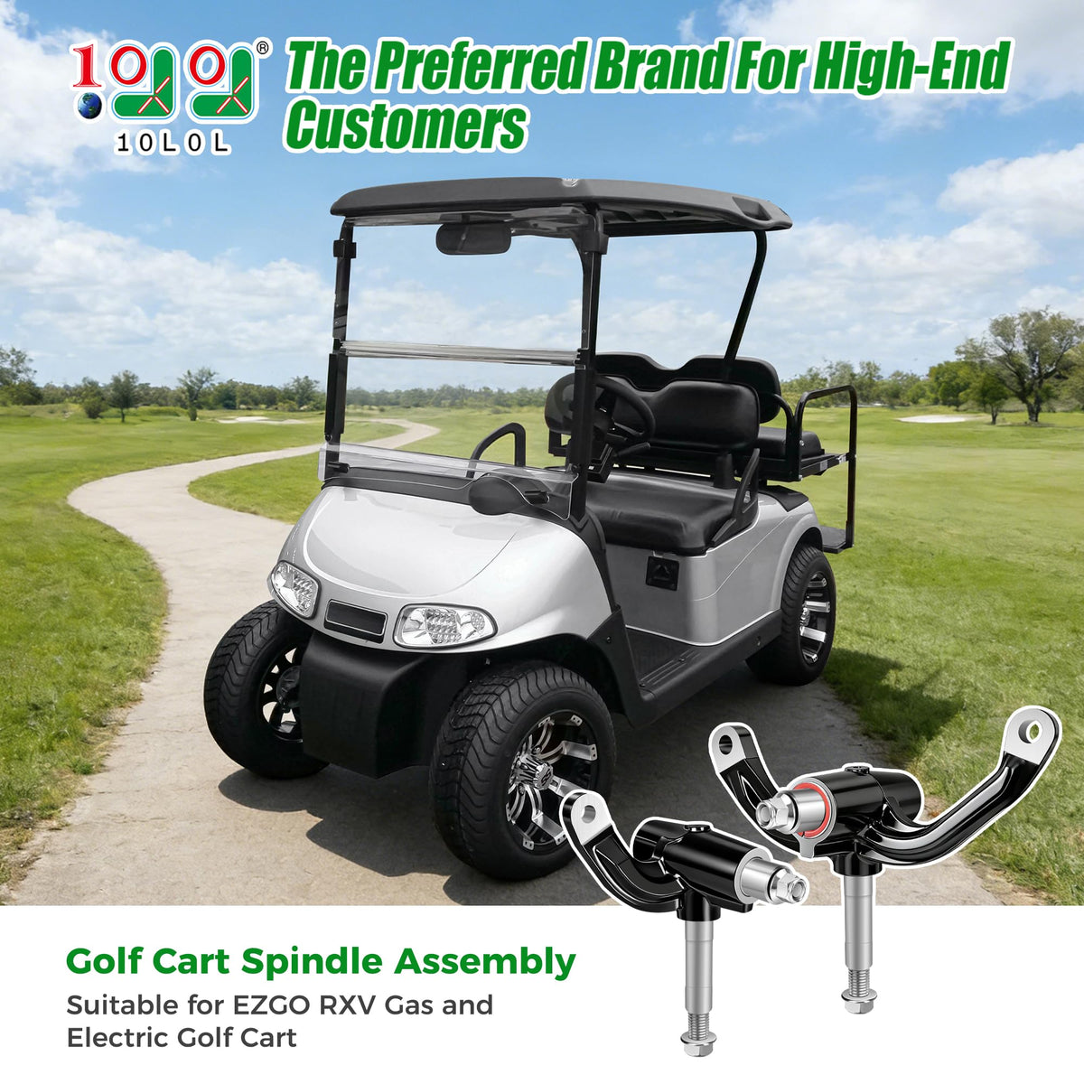 10L0L golf cart spindle assembly, passenger side, improves steering stability.
