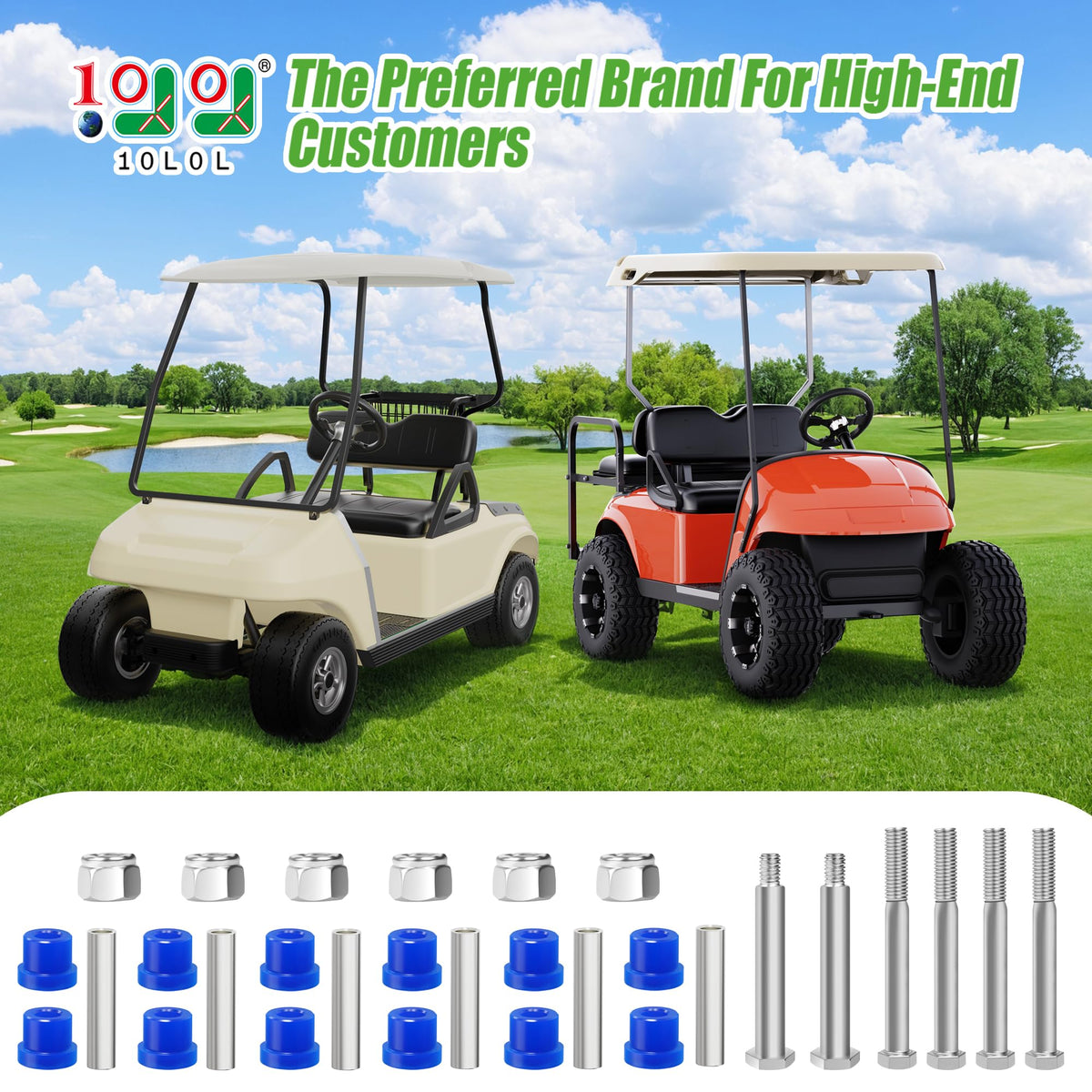 10L0L Golf Cart Spring Bushing Kit back view with complete contents for easy maintenance