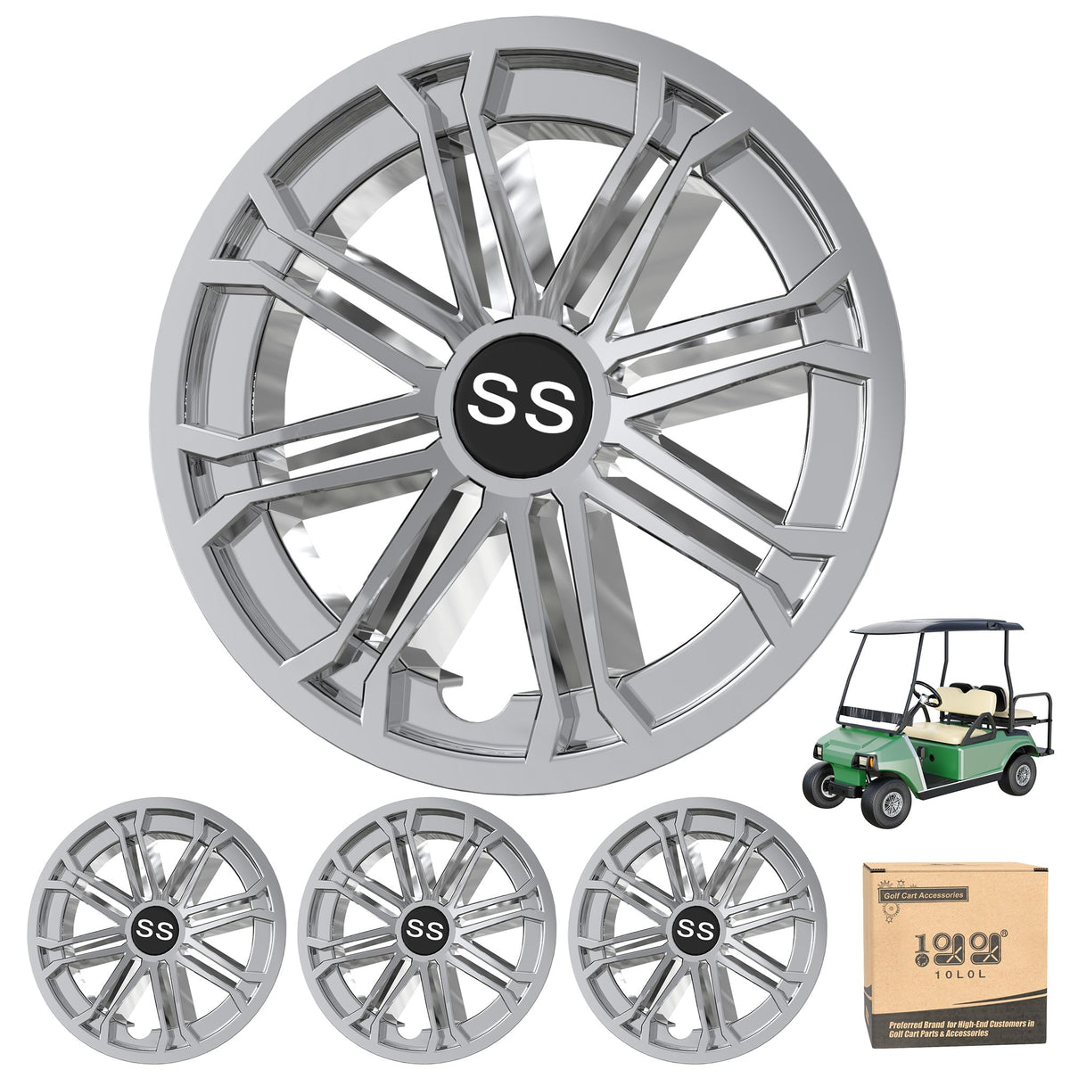10L0L EZGO 8in wheel covers with chrome finish enhance cart aesthetics