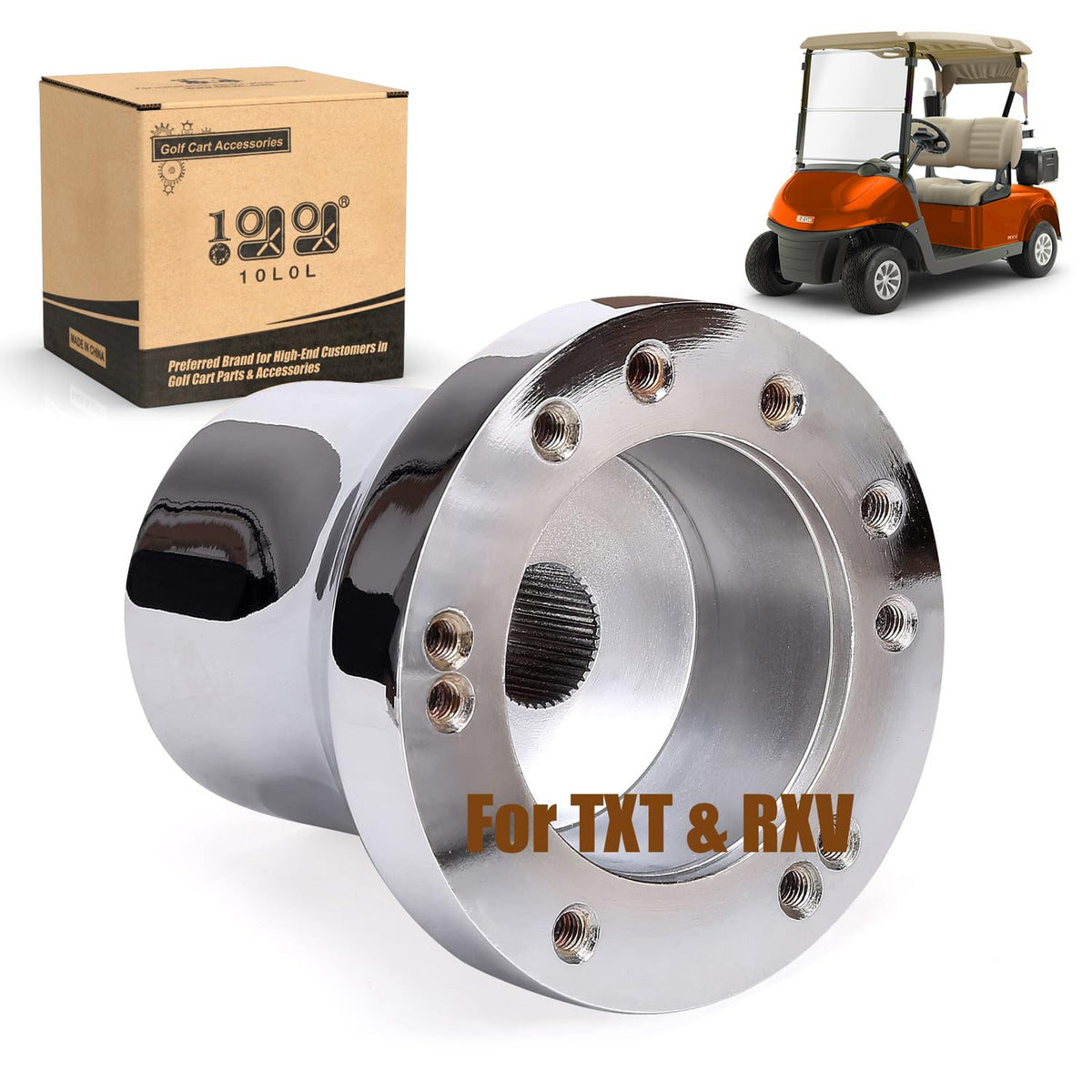 10L0L golf cart steering wheel adapter in silver fits EZGO TXT and RXV for easy upgrades.