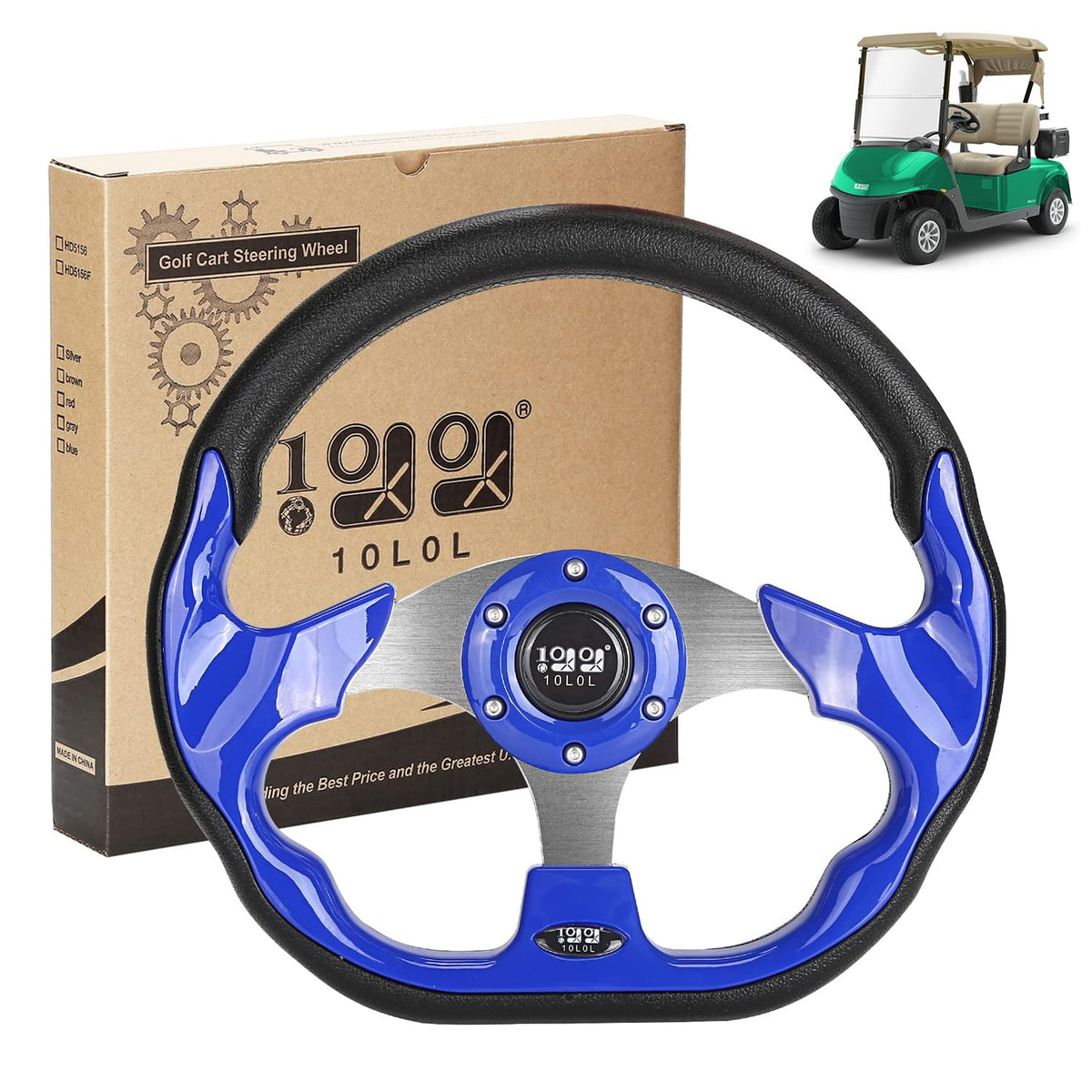 10L0L golf cart steering wheel blue close-up showing palm-friendly grip for long drives