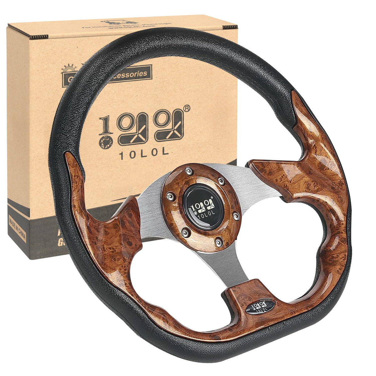 10L0L golf cart steering wheel brown 12.5 inch ergonomic grip for comfortable steering.