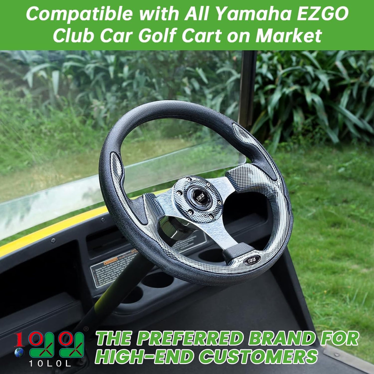 10L0L golf cart steering wheel palm grip close-up for precise handling
