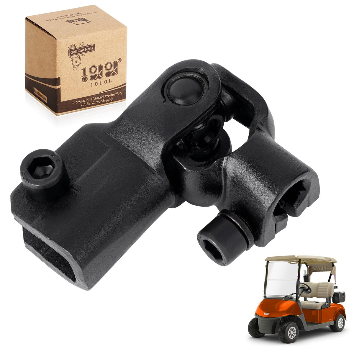 10L0L golf cart steering yoke intermediate assembly connects wheel to steering unit.