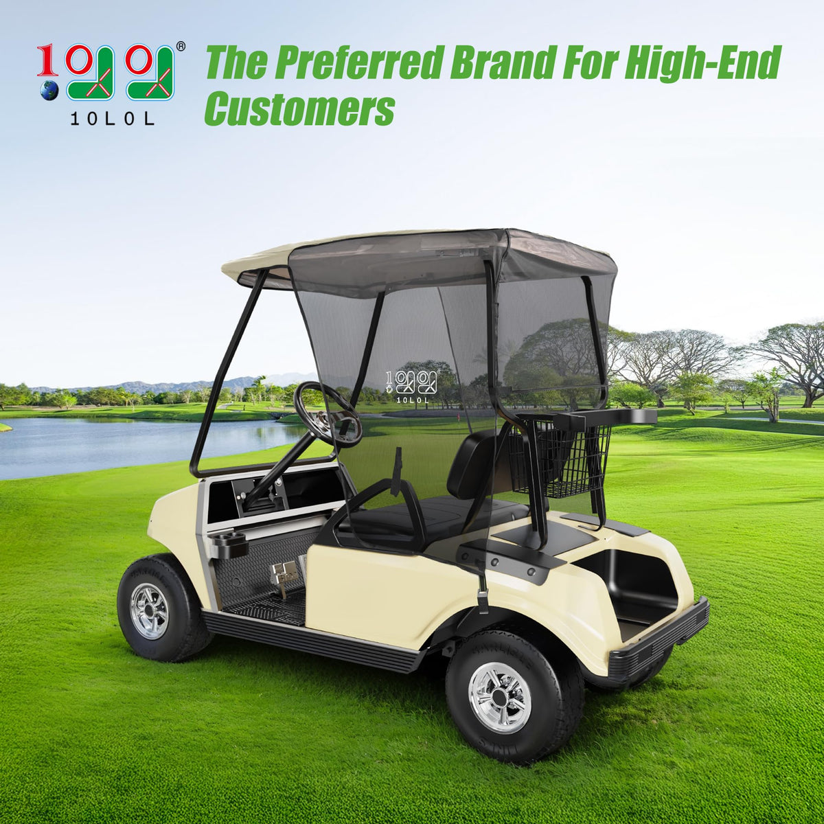10L0L Golf Cart Sun Shade beige mesh panel preserves visibility and comfort