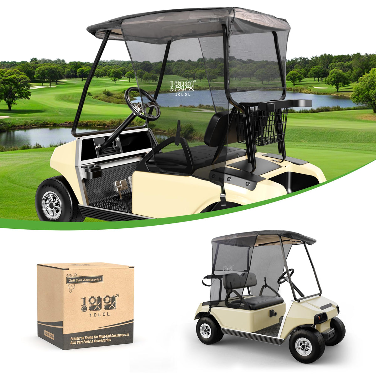 10L0L Golf Cart Sun Shade Cover on Club Car DS Precedent provides breathable airflow and visibility.