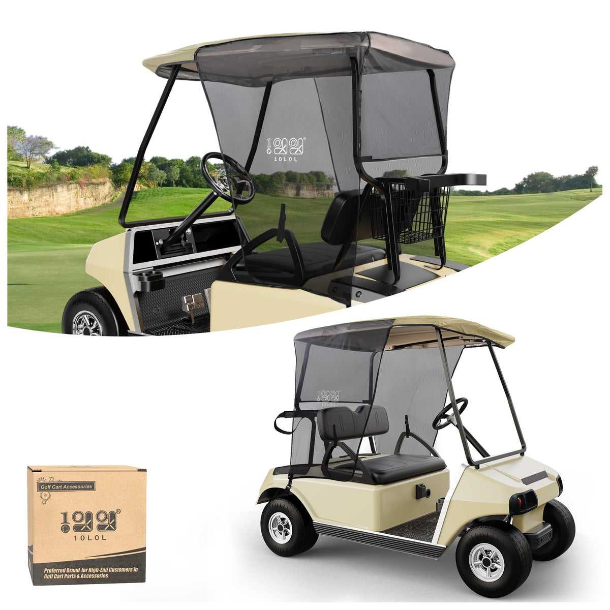 10L0L golf cart sun shade cover on EZGO TXT RXV provides shade for comfortable play
