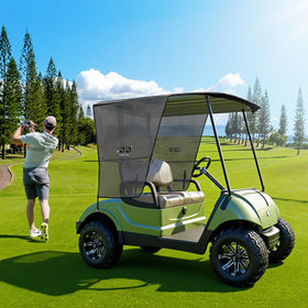 10L0L golf cart sun shade cover on Yamaha G29 Drive, front view showing shade over roof and fit