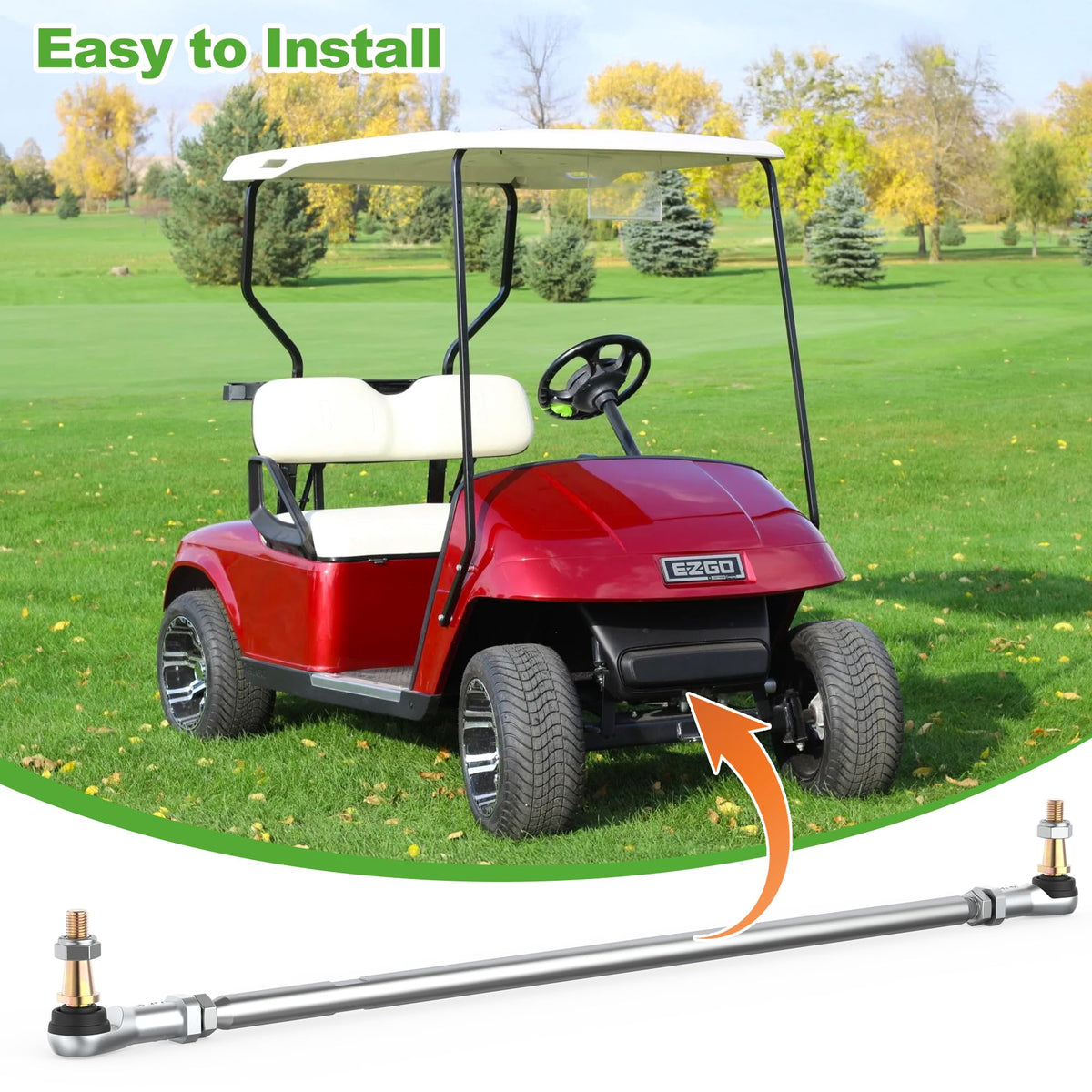 Package image of 10L0L Golf Cart Tie Rod Assembly and included parts.