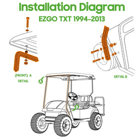 10L0L golf cart top bracket set secures EZGO TXT front canopy during travel.