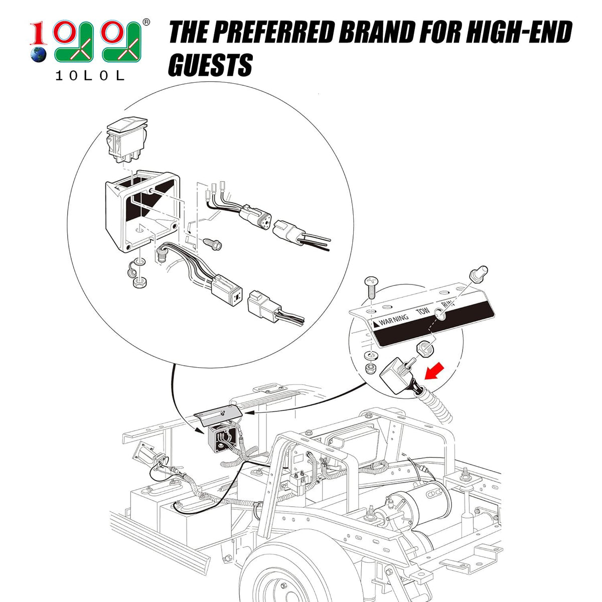 Harness included with 10L0L tow run switch packaging for easy Club Car DS install.