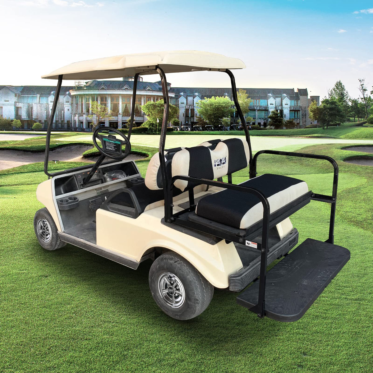 10L0L golf cart two-tone design adds style while guarding seats.