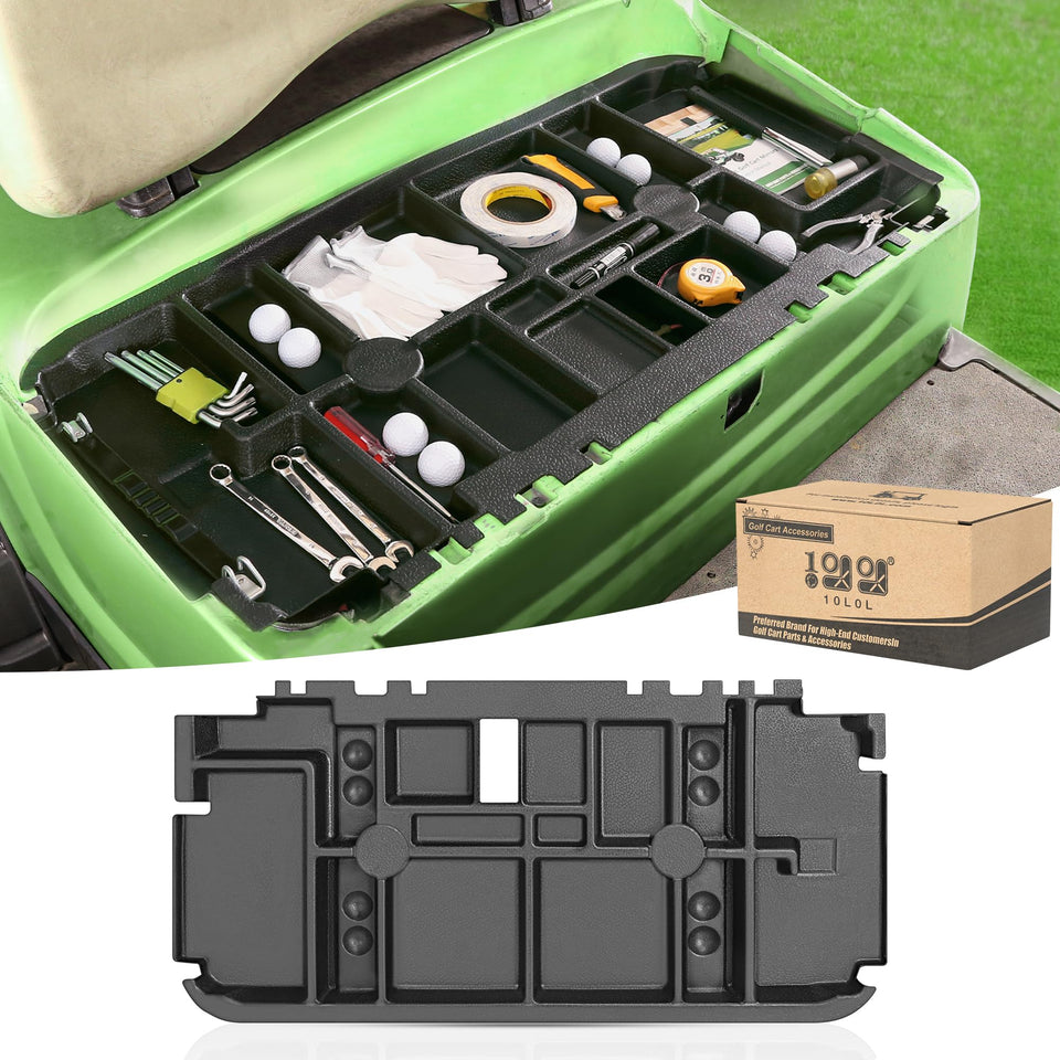 10L0L golf cart under-seat storage tray assembled showing expanded space for small essentials