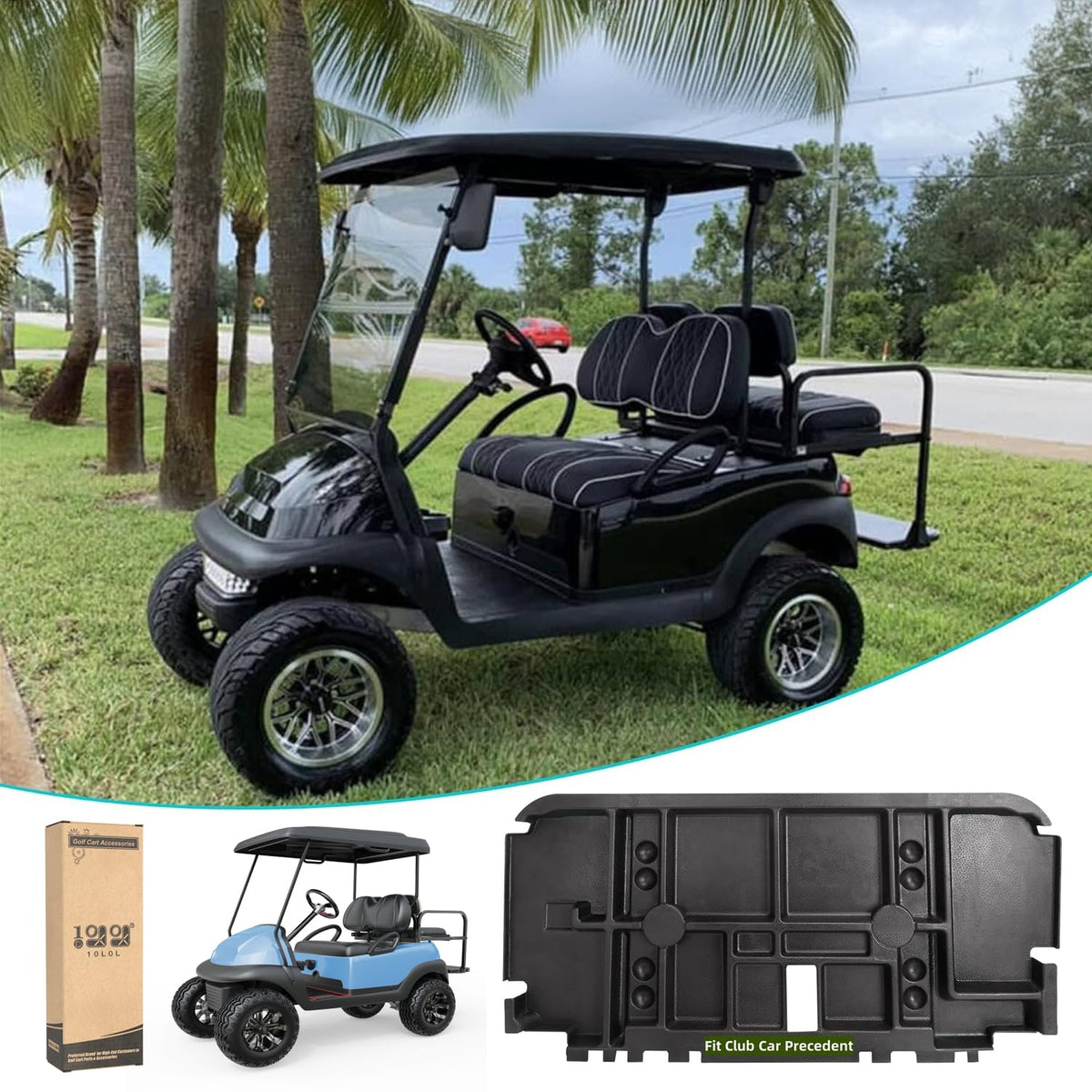 The 10L0L golf cart under-seat storage tray front view showing organized space.