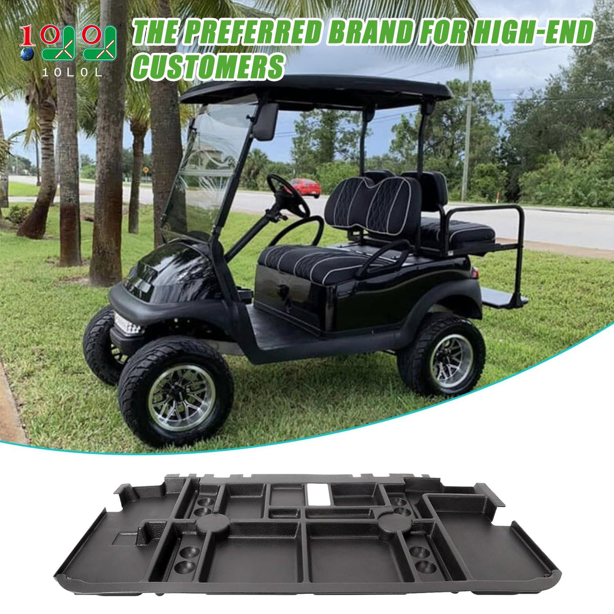 The 10L0L golf cart under-seat storage tray side view highlighting compact design.