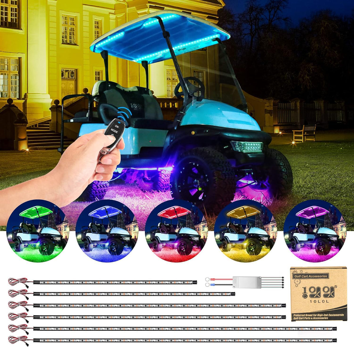 10L0L golf cart underglow kit with canopy lights enhances nighttime visibility and curb appeal