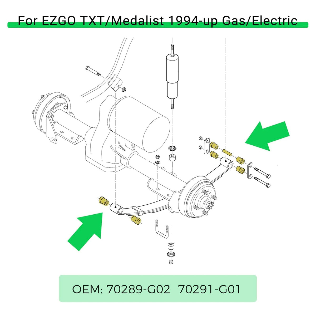 10L0L upper shackle bushings reduce golf cart squeaks.