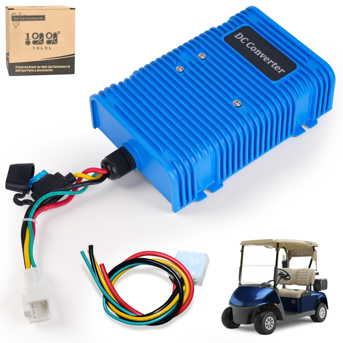 10L0L golf cart voltage reducer close-up showing compact 360W converter for 12V power