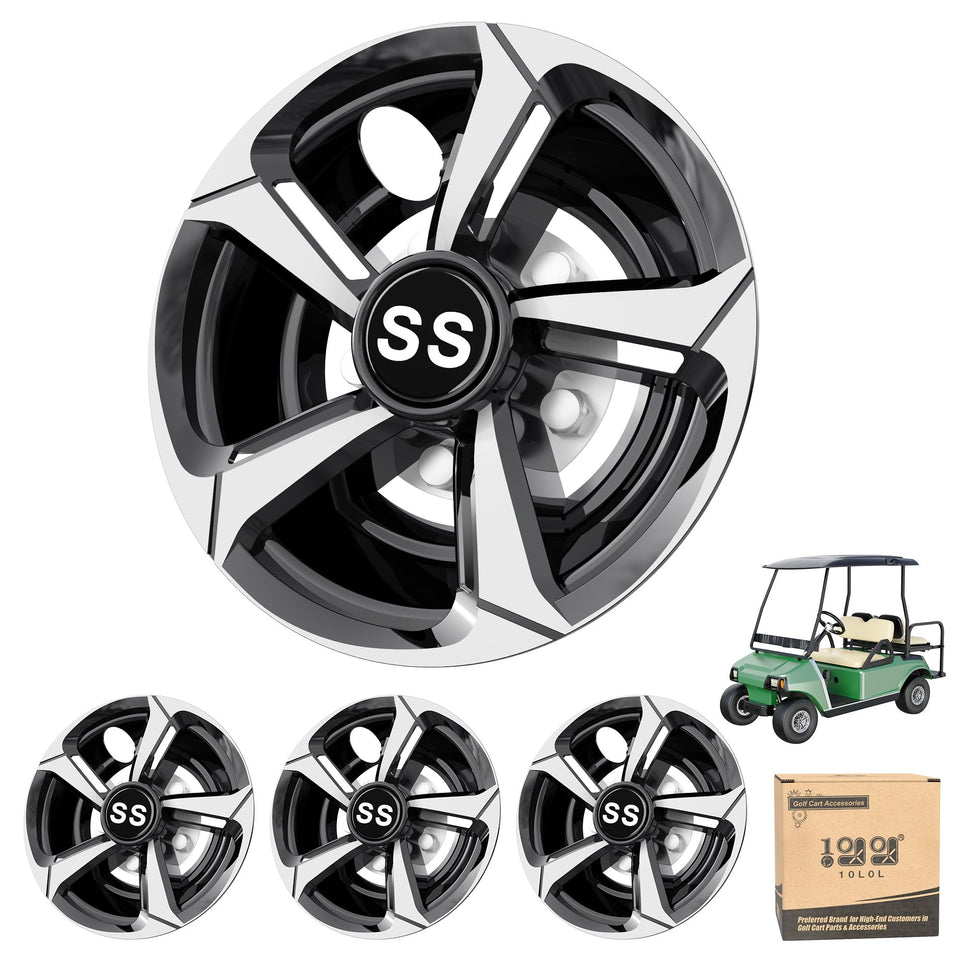 10L0L golf cart wheel covers EZGO front view in silver-black enhances style