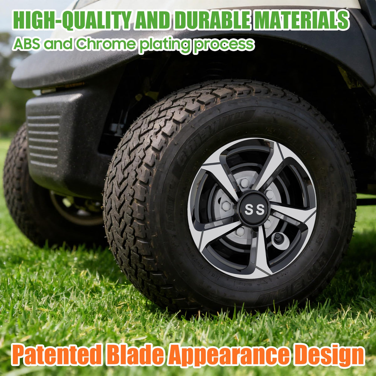10L0L golf cart wheel covers Yamaha rear view in silver and black