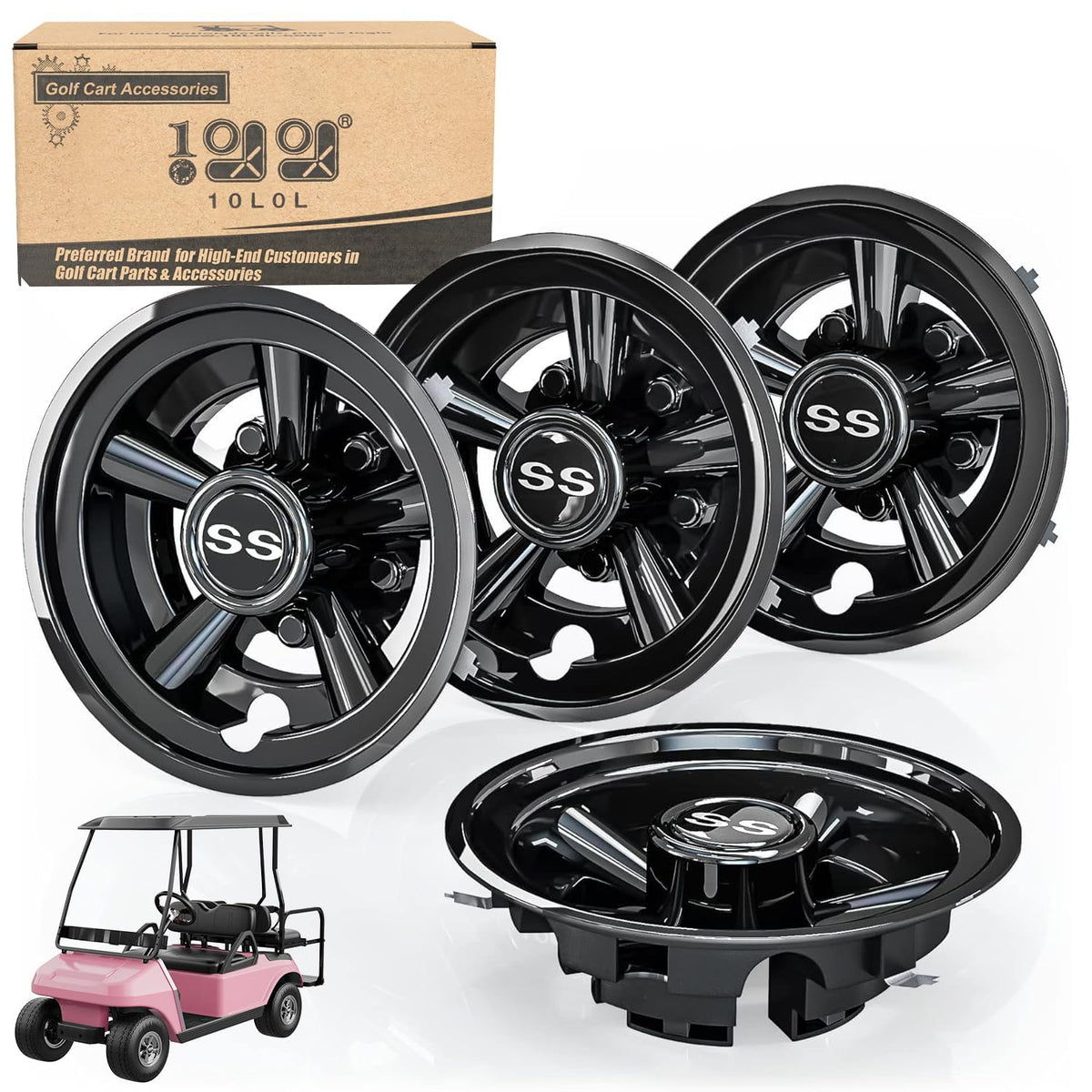 10l0l golf cart wheel covers for ezgo 8-inch, front view, easy snap-on upgrade.