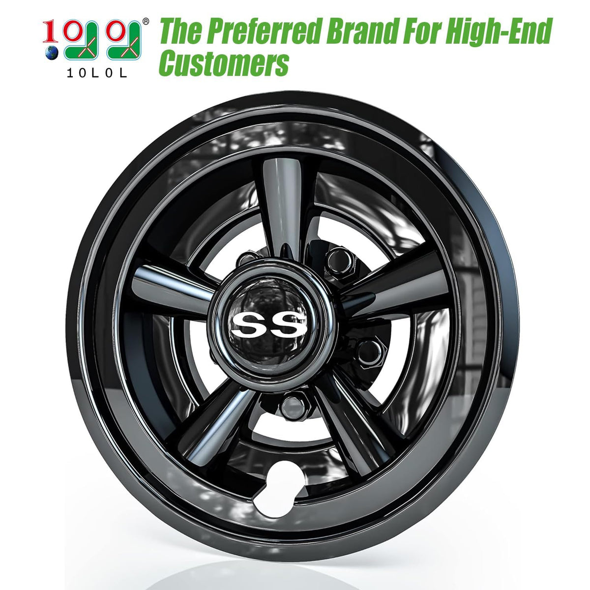 10l0l golf cart wheel covers for ezgo, side view, durable matte black finish.