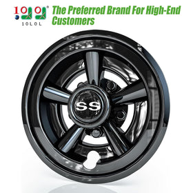 10l0l golf cart wheel covers for ezgo, side view, durable matte black finish.