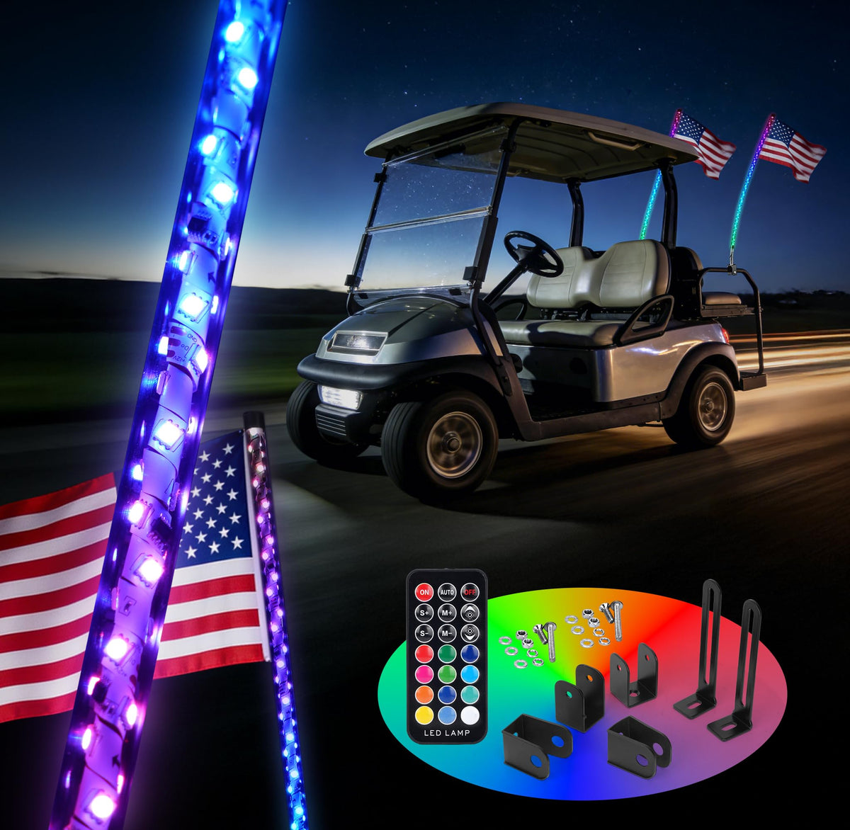 10L0L golf cart whip light setup showing quick install on a cart