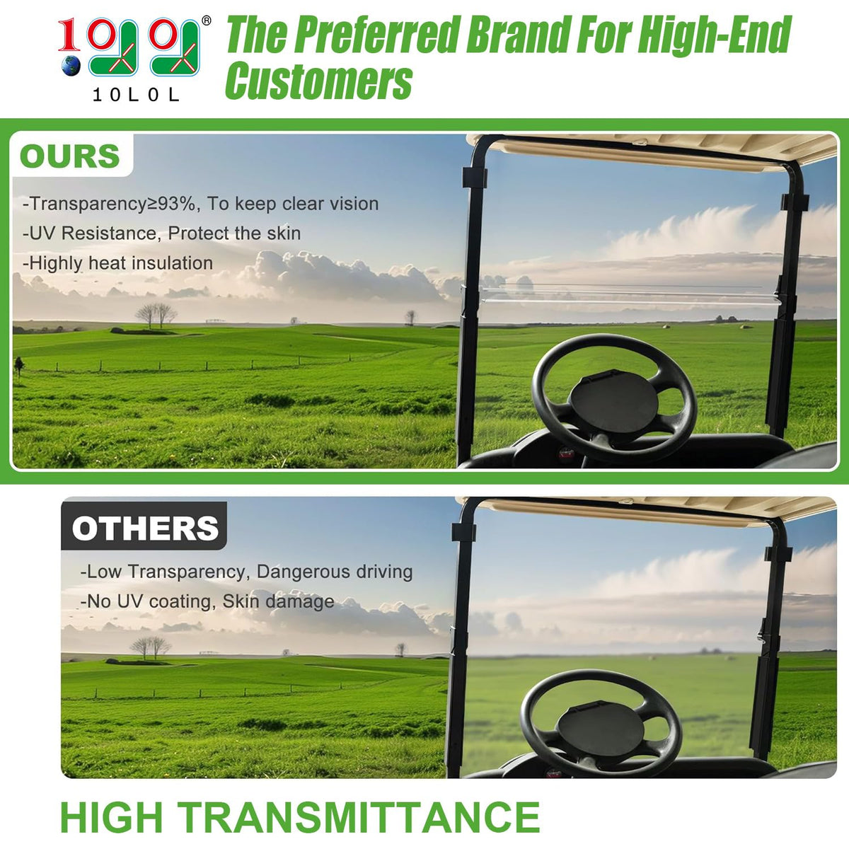 10L0L clear windshield offers crisp visibility in sun and rain for EZGO RXV.
