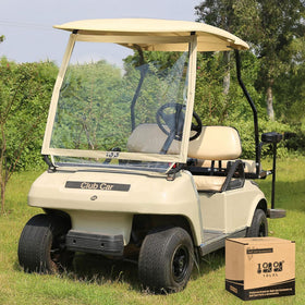10L0L golf cart windshield installed on Club Car DS for rain protection.