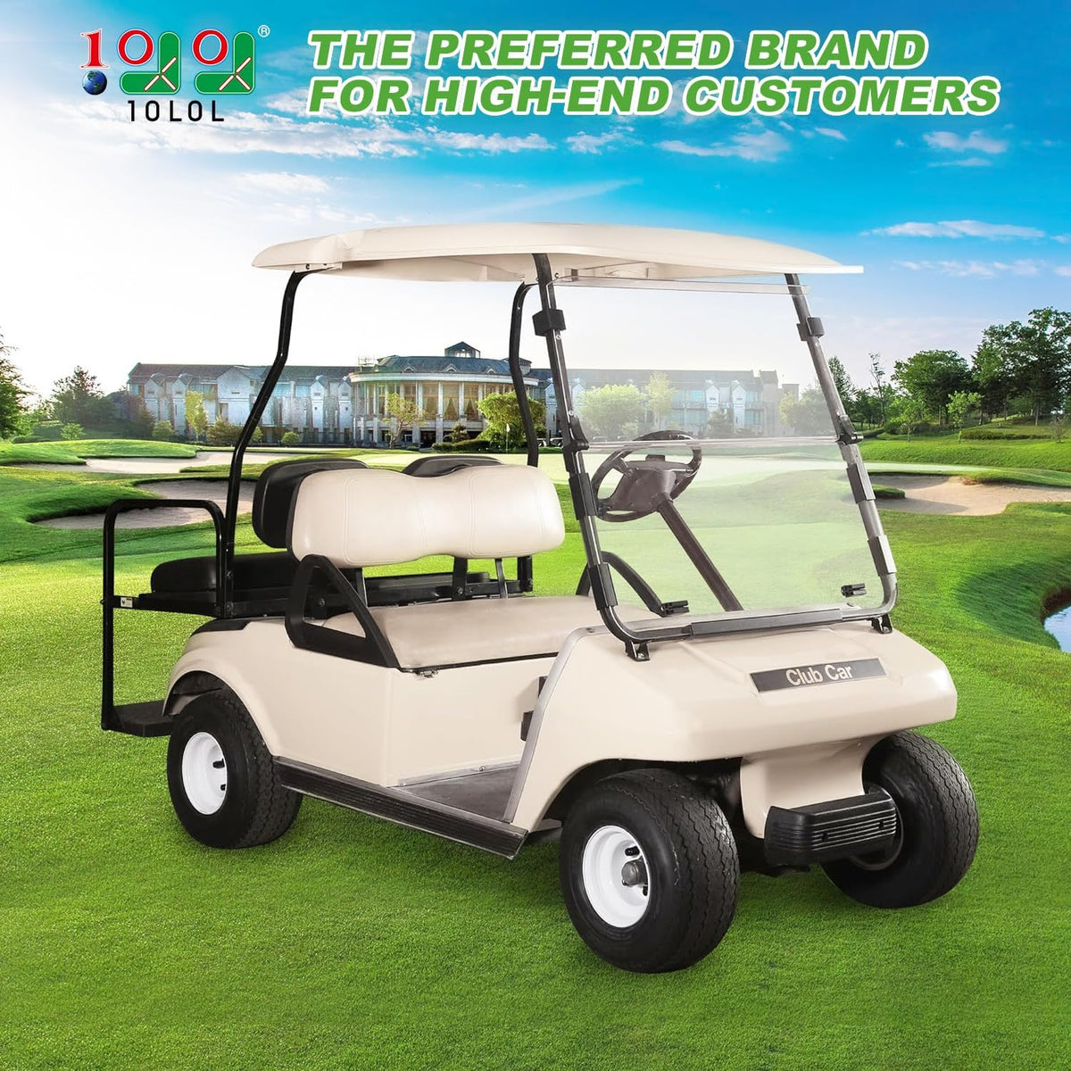 The 10L0L DS-model windshield shows Club Car compatibility for 1982–2000.5 models.