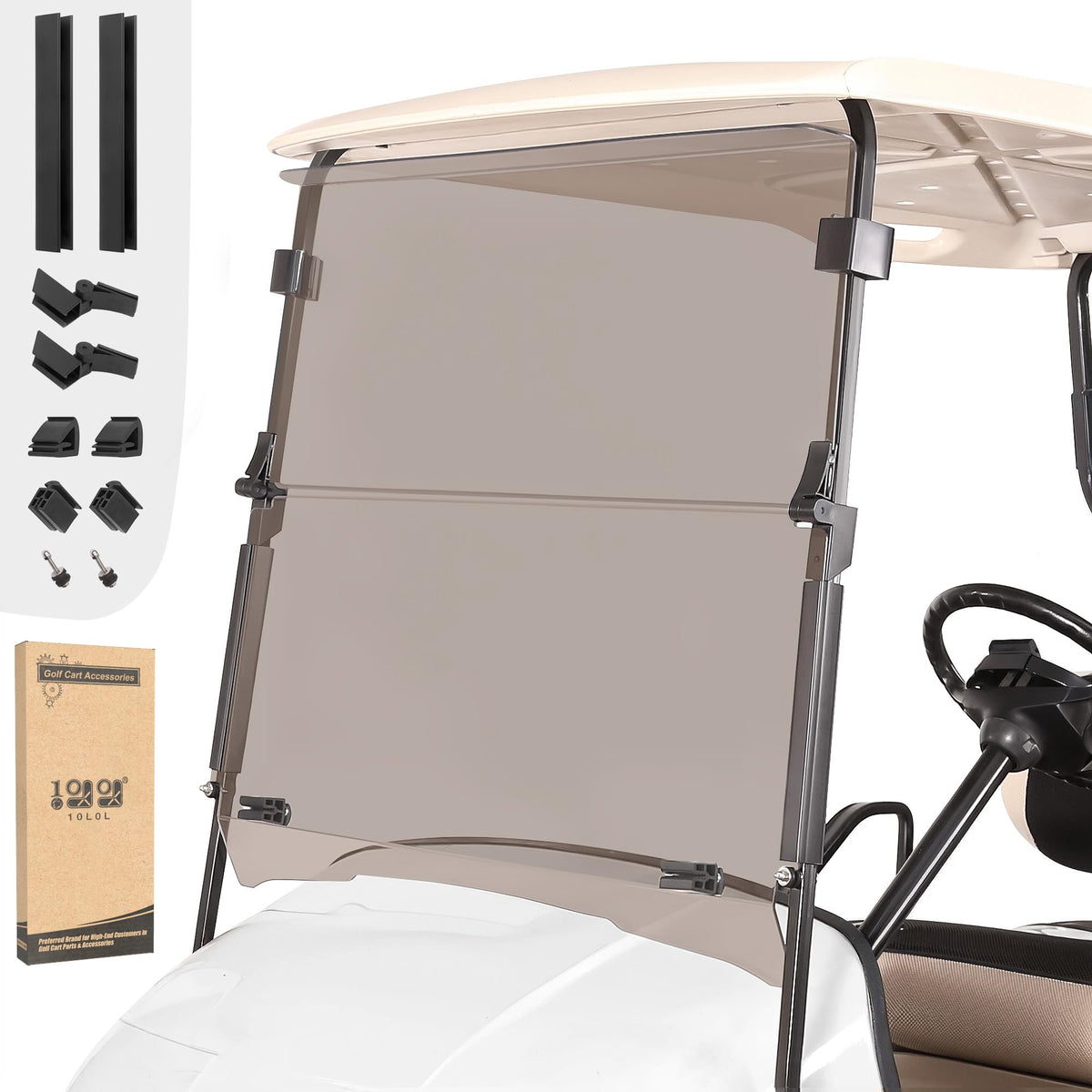 10L0L golf cart windshield with brown tint folds for UV protection.