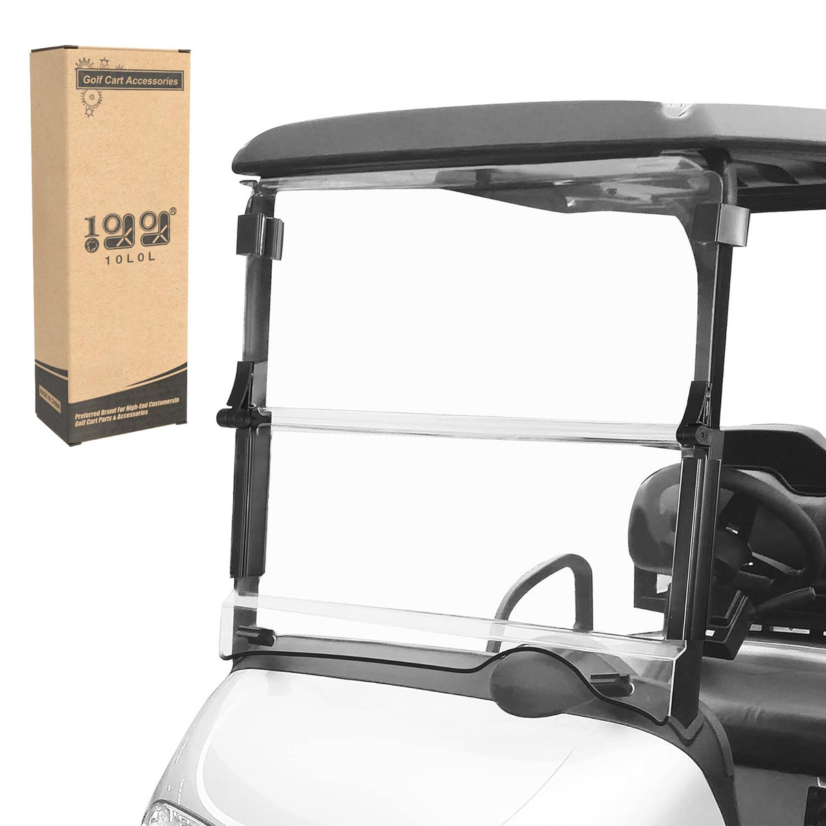 The 10L0L folding windshield provides quick storage and wind protection for EZGO RXV.