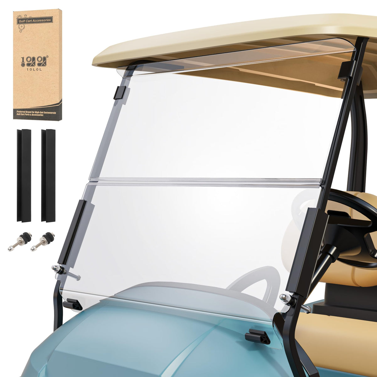10L0L golf cart windshield front view for Club Car Precedent offers clear visibility.
